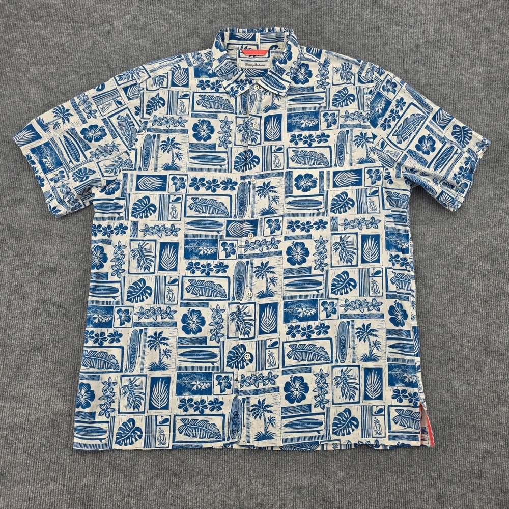 Tommy Bahama Mens Large Blue White Tropical Surfboard Golf Button Up Shirt